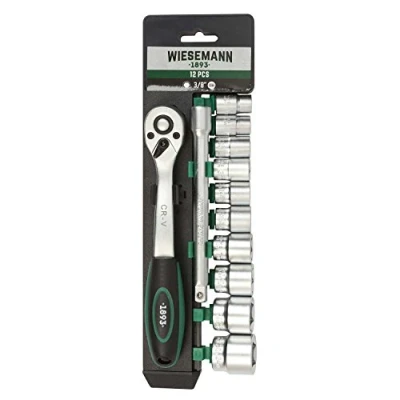 Image of Socket Wrench Set 12 pcs with 3/8&quot; Ratchet, 10mm 24mm Hexagon bit Inserts and Extension 150mm Chrome Vanadium Steel Holder from WIESEMANN 1893 I 80133