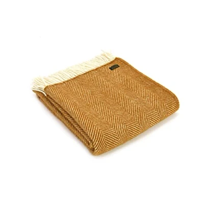 Image of Tweedmill Textiles 100% Pure New Wool Fishbone Throw, Mustard, 150x180cm