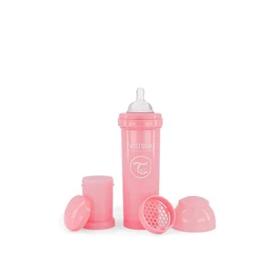 Image of Twistshake Anti Colic Baby Bottle with Milk Powder Container and Mixer 330ml Fast Flow Silicone Breast Like Nipple BPA Free Suitable for 4+ Month Babies Pastel Pink