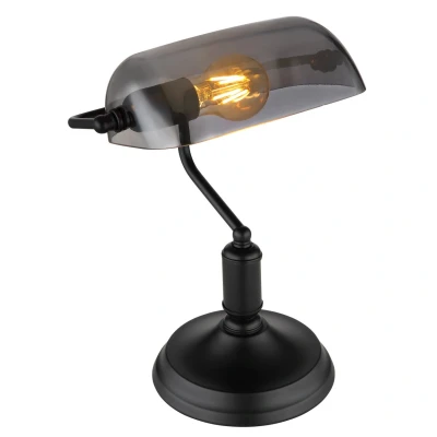 Image of Antique Bankers Table Lamp Matt Black Smoke Glass Shade 1x E27