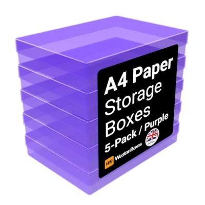 Image of WestonBoxes A4 Colourful Transparent Plastic Craft Storage Boxes with Lids for Art Supplies, Paper and Card (Purple/Pack of 5)