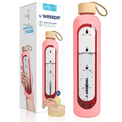 Image of Wessper Drinkmotivation Borosilicate Glass Bottle with Time Markings 1 Litre Airtight Drinking Bamboo Lid Reusable Silicone Cover Pink (WES260)
