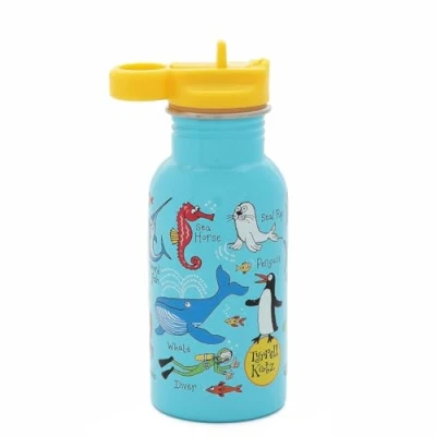 Image of Tyrrell Katz Kids Ocean Printed Drinking Bottle in Blue with Straw Stainless Steel Dishwasher Safe Children&#039;s School Water Flask 400 ml