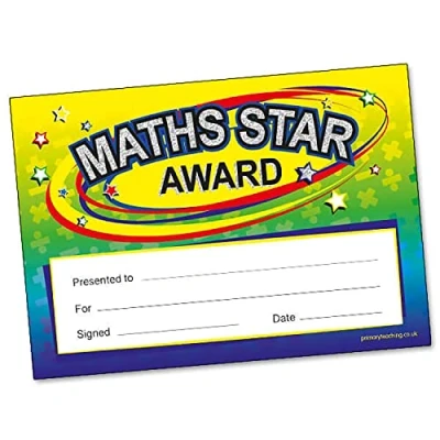 Image of 20 Holographic Sparkly Maths Star Award Childrens Pupils School Reward Certificates A5 Primary Teaching Services