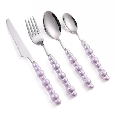 Image of Cutlery Sets 304 Stainless Steel Knife,Fork and Spoon Pearl Ceramic Handle Tableware Western Steak Dessert 4 Pieces Purple