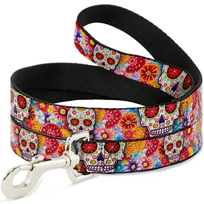 Image of Buckle Down &quot;Sugar Skull Starburst White/Multi Color Dog Leash, 6&#039;