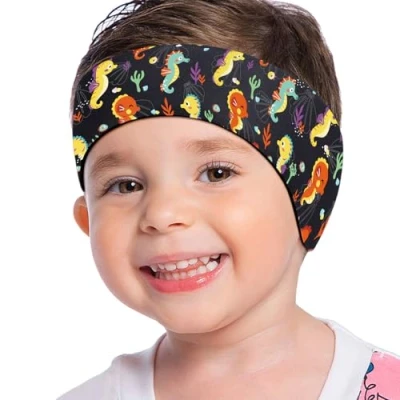 Image of MoKo Swimming Headband for Kids, Cute Swinmmers Ear Band Kids Keep Water Out Waterproof Protection Bathing Age 1 3 S Size, Black Seahorse
