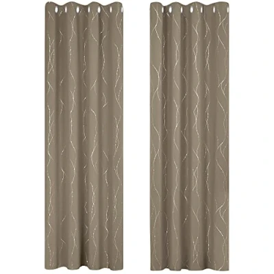 Image of Deconovo Set of 2 Thermal Insulated Blackout Curtains with Eyelets and Silver Lines Dots Printed Double 140 x 245 cm Taupe