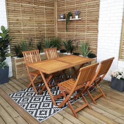 Image of Outdoor 4 Person Folding Rectangular Wooden Garden Dining Table Chairs Set