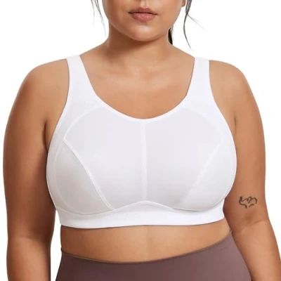 Image of SYROKAN Sports Bras Women for Large Breasts High Impact Full Coverage Neck No Padded Wireless Bra White 34F