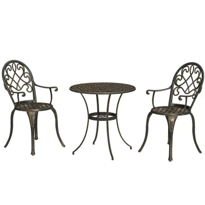 Image of Outsunny 3 Piece Patio Bistro Set for 2, Outdoor Aluminium Garden Table and Chairs with Adjustable Footpads Balcony, Patio, Bronze Tone