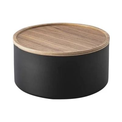Image of YAMAZAKI 5802 RIN Storage Case With Lid Round Deep, black, Steel/Wood, Minimalist, 22 x 11 cm