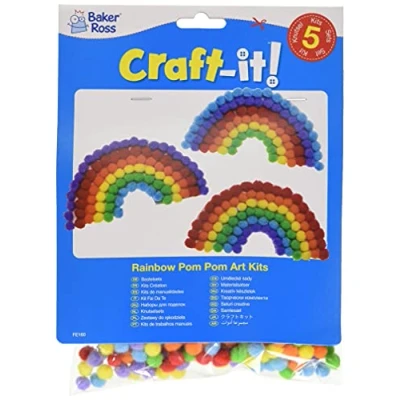 Image of Baker Ross FE160 Rainbow Craft Pom Art Kit Pack of 5, Self Adhesive Card with Coloured Pompoms Crafts