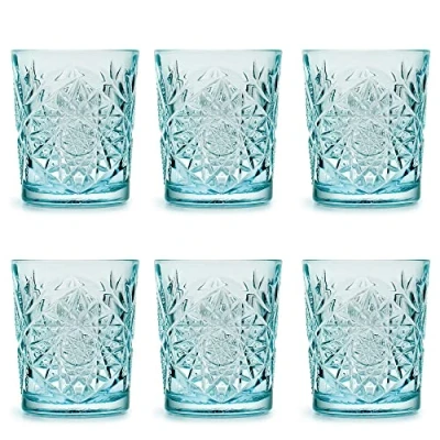 Image of Libbey Drinking Glass Hobstar Sky Blue 355 ml / 35.5 cl 6 Pieces Vintage Design Dishwasher Safe