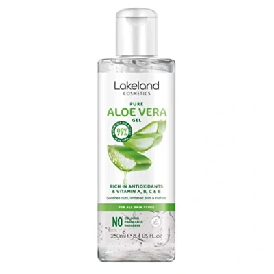 Image of Lakeland Cosmetics aloe Vera gel 250ml contains 100% pure natural bio active moisturiser, soothes cuts, irritated skin, burns &amp; sunburn relief for face body great aftersun lotion cream