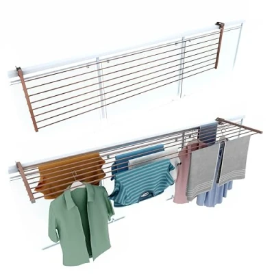 Image of foxydry Folding Balcony Airer, Heavy Duty Outdoor Railing Airer in Stainless Steel and Duo Aluminum, for Patios, Balconies Railings Length 202 cm (Brown, cm)