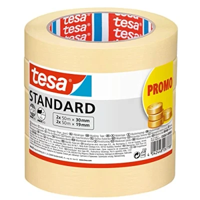 Image of tesa masking tape Standard Pack of 2 Painter&#039;s with strong adhesion for during painting work solvent free 2x 50m x 19mm + 30mm