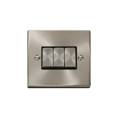 Image of Click Deco 3 Gang 2 Way Ingot 10AX Switch Satin Chrome Black Inserts