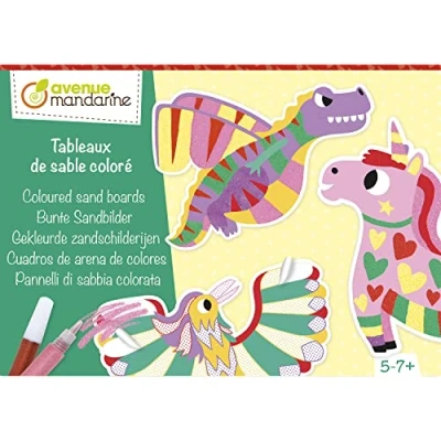 Image of Avenue Mandarine Ref KC137C Creative Box Coloured Sand Boards 4 Animal Cards, Adhesive Hooks, 5 Tubes of Sand, Plastic Picking Tool Suitable for Ages 7+