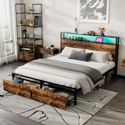Image of ModernLuxe 4FT6 Double Bed Frame with LED Light Strip and 2 Drawers, 3 USB Port, Multifunctional Metal for Adults Teenagers, Wrought Iron Bed, Rustic Wood Finish, Black &amp; Walnut, 135x190cm