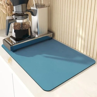 Image of Kitchen Super Absorbent Draining Mat Blue, Dish Drying Mat, Coffee Machine Counter Protector, Drainer Non Slip for Bar Sink Worktop, 60x40cm
