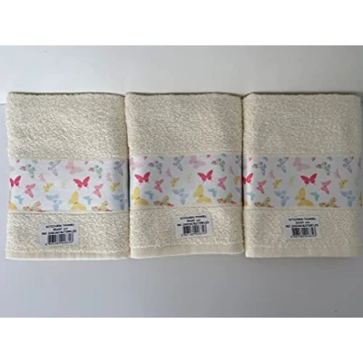 Image of Riggs 100% Cotton 3 Pack Dancing Butterfly Design Kitchen Hand Tea Towels in Cream