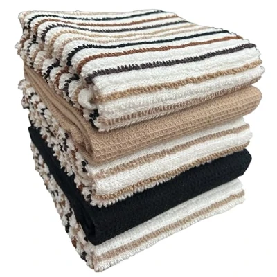 Image of Olivia Rocco 5 Pack Striped Kitchen Tea Towels Cotton Super Absorbent Quick Drying Soft Ribbed Waffle Pot Towel, Natural