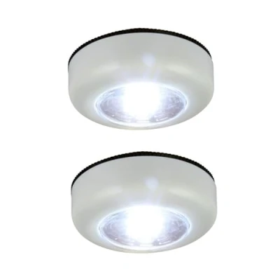 Image of Securlec White LED Push Lights Battery Powered Twin Pack Stick on Light for cabinets, counters, Wardrobe, Cupboard, basements, attic, Garage, shed 1W cob Wireless Lights.