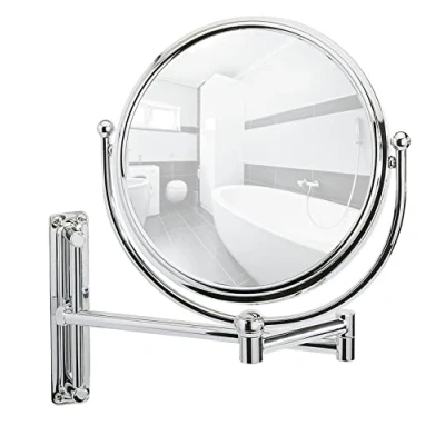 Image of WENKO Wall mounted cosmetic mirror Deluxe height adjustable, swivel function, reflecting surface ø 19 cm 500 % magnifying effect, Steel, 23 x 28.5 33 cm, Chrome