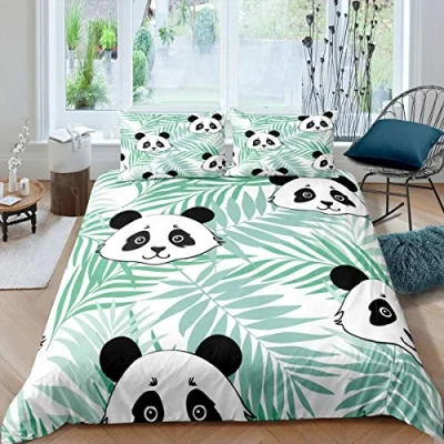 Image of Kids Panda Duvet Cover Cute Animal Pattern Comforter Cartoon Bear Printed Bedding Set For Boys Girls Green Bamboo Leaves Bedspread Room Decor Single Size Bedclothes Zipper