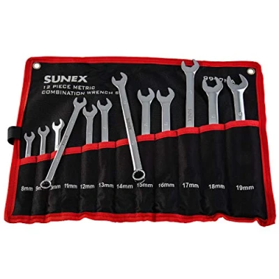 Image of Sunex Tools 9917MA Metric V Groove Combination Wrench Set, 8mm 19mm, Fully Polished, 12 Piece (Includes Roll Case)