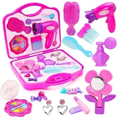 Image of Toyland® 15 Piece Hair &amp; Beauty Vanity Carry Case Accessories, Mirror, Make Up, Jewellery Dress Up Toys