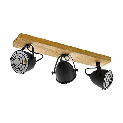 Image of Eglo Ceiling lamp Gatebeck, 3 Light Vintage, Industrial, Retro, Spotlight Made of Steel in Black and Wood Natural Colour, Living Room lamp, Kitchen with E14 Socket