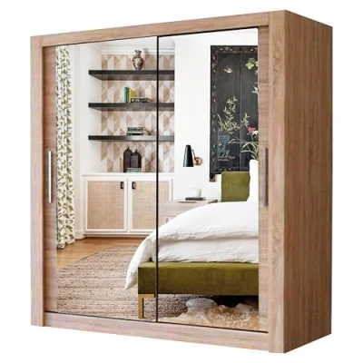 Image of A.C. Milan Modern Double Mirror sliding door wardrobe with LED Light Width 100cm/120cm/150cm/180cm/203cm/250cm (180, Oak/Sonoma)
