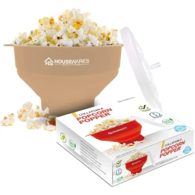 Image of Collapsible Silicone Microwave Hot Air Popcorn Popper Bowl with Lid and Handles (Tan)