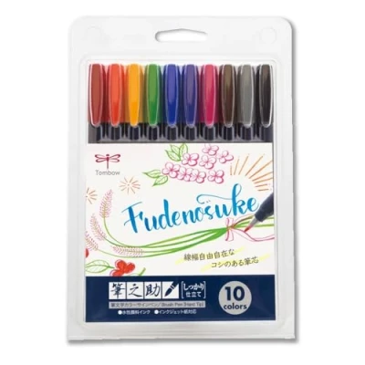 Image of Tombow Fudenosuke Brush Pen Hard 10 Colors Set (WS BH10C)