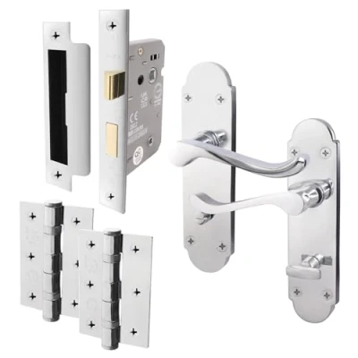 Image of EAI Polished Chrome Bathroom Door Handle Set Victorian Scroll Shaped 1 Pair of Internal Handles with Hinges (76mm) &amp; Lock (80mm)