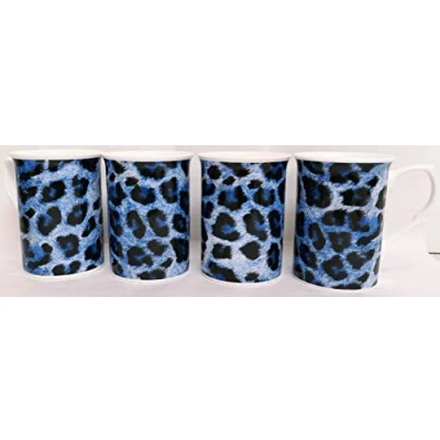 Image of Leopard Blue Mugs Set 4 Fine Bone China Animal Print Cups Hand Decorated UK