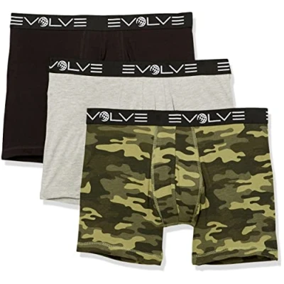 Image of Evolve Men&#039;s Cotton Stretch 3 Pack 6&#039;&#039; Boxer Brief, Black/Heather Grey/Traditional Camo army, Large