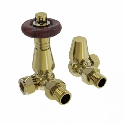 Image of NRG Traditional Corner Central Heating Radiator Valve 15mm Thermostatic Lockshield Valves Polished Brass