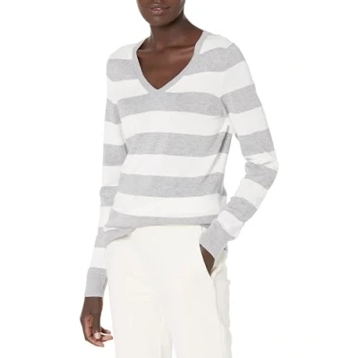 Image of Amazon Essentials Women&#039;s Classic Fit Lightweight Long Sleeve V Neck Jumper (Available in Plus Size), Light Grey Heather White Rugby Stripe, XS