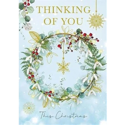 Image of Paper Rose Artistic Christmas Greeting Card Thinking Of You Snowdrop Wreath Illustration From The La Fleur Boutique Collection With A Gold Foil Finish, Multicoloured, 120 x 170mm