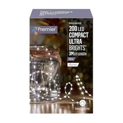 Image of Premier Decorations 200 White LED Compact Ultrabright Silver Wire Battery Operated Lights 3m