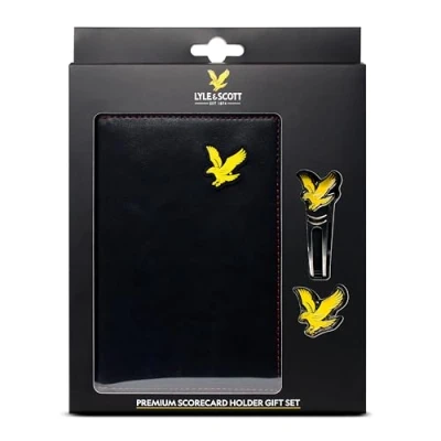 Image of Lyle and Scott Golf Gifts: Premium Leather Scorecard Holder Gift Set with Metal Eagle Ball Marker Divot Tool, Stitching, Two Tone Design, Elastic Straps Perfect