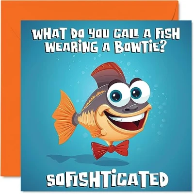 Image of Funny Birthday Cards for Women Men Dad Joke Fish Bowtie Happy Card Mum Brother Sister Son Daughter Nan Grandad Cousin Colleague, 145mm x Humour Banter Greeting