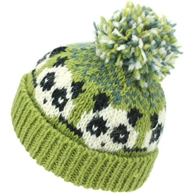 Image of LOUDelephant Wool Knit Bobble Beanie Hat Panda Green Grey