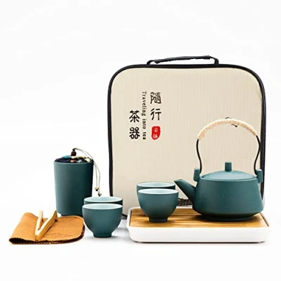 Image of fanquare Japanese Green Tea Sets for Adults, Ceramic Chinese Set, Portable Gongfu Service with Bamboo Tray, Teapot