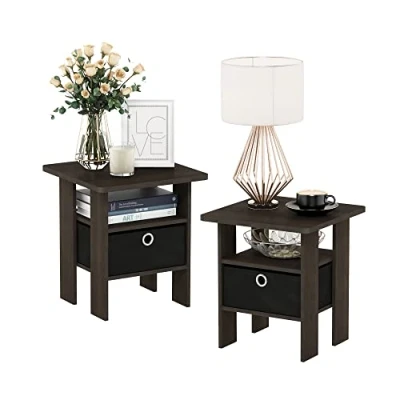 Image of Furinno Andrey End Table Nightstand with Bin Drawer, Dark Brown/Black, Set of 2