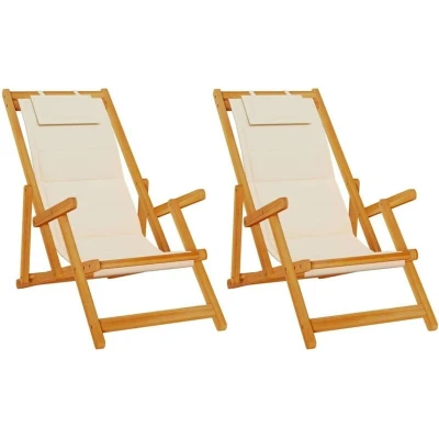 Image of vidaXL Folding Beach Chairs 2 pcs Cream Solid Wood Acacia &amp; Textilene