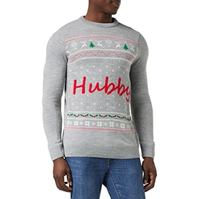Image of FM London Unisex Novelty Christmas Long Sleeve Jumper, (Hubby) Grey, L